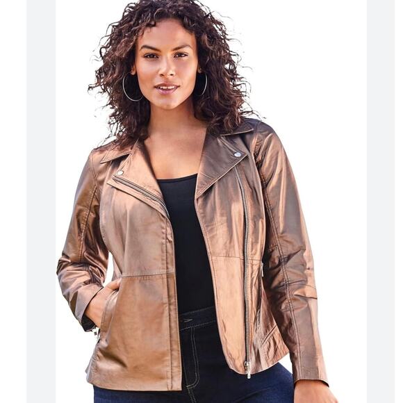 Roaman's Genuine Leather Moto Jacket Coat Size 20W Metallic Bronze Women's Plus - Picture 1 of 16